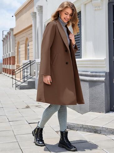 Women's Winter Pea Coat Notch Laple Double Breasted Casual Wool Blend Trench Coats in Kuwait