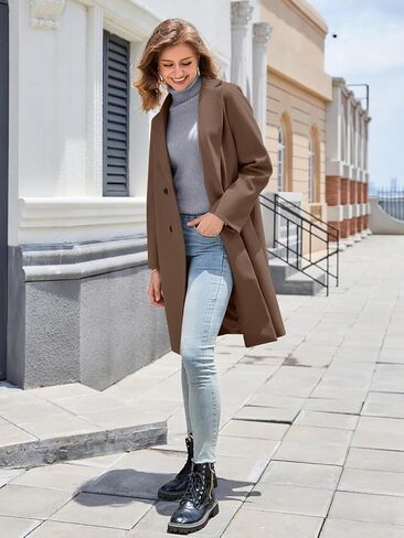 Women's Winter Pea Coat Notch Laple Double Breasted Casual Wool Blend Trench Coats in Kuwait