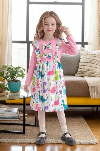 RETSUGO Little Girls Long Sleeve Dresses Print Splicing Ruffles Bowknot Girls A-line Dress in Saudi Arabia