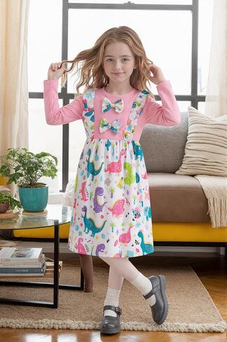 RETSUGO Little Girls Long Sleeve Dresses Print Splicing Ruffles Bowknot Girls A-line Dress in Saudi Arabia