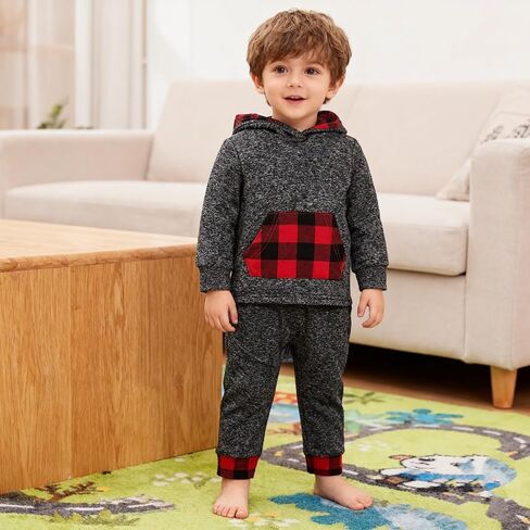 Toddler Infant Baby Boy Clothes Outfit Plaid Fall Winter Clothes Long Sleeve Hoodie Tops Sweatshirt Pants Outfit Set in Kuwait