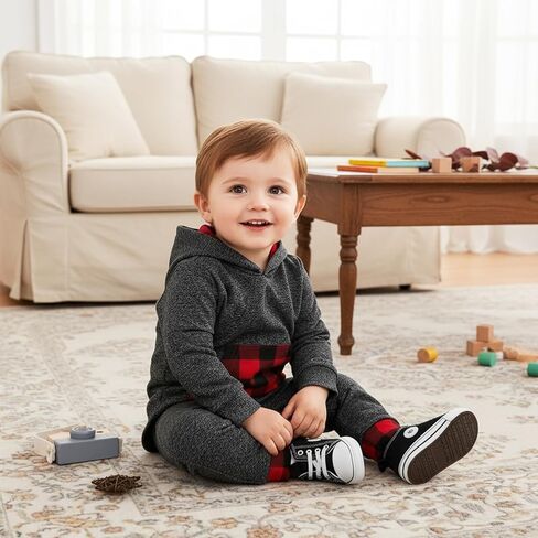 Toddler Infant Baby Boy Clothes Outfit Plaid Fall Winter Clothes Long Sleeve Hoodie Tops Sweatshirt Pants Outfit Set in Kuwait