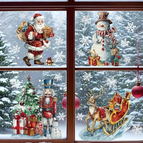 AnyDesign Christmas Window Stickers Winter Snowman Snowflakes Window Clings Xmas Reusable PVC Decal for Glass Mirror Decor, 6 Sheet in Kuwait