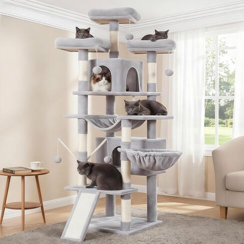 Hey-brother Cat Tree, 71 inches XL Large Cat Tower for Indoor Cats, Multi-Level Cat House with 3 Padded Perches, Big Scratcher, Cozy Basket, 2 Cat Condos and Scratching Posts, Beige MPJ034M in Kuwait