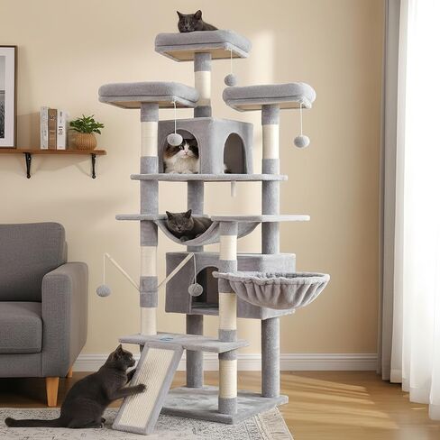 Hey-brother Cat Tree, 71 inches XL Large Cat Tower for Indoor Cats, Multi-Level Cat House with 3 Padded Perches, Big Scratcher, Cozy Basket, 2 Cat Condos and Scratching Posts, Beige MPJ034M in Kuwait