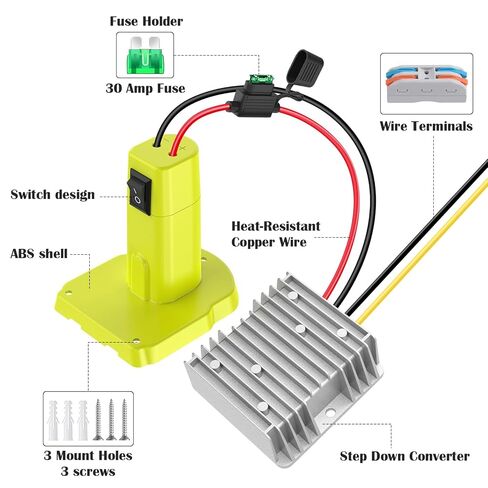 KOEZEOI 18V إلى 12V محول تنحي Aadpter لـ Ryobi 18V بطارية محول جهد كهربي DC منظم جهد 15A MAX 180W محول باك تلقائي عجلات طاقة Aadpter مع مفتاح لألعاب سيارات RC DIY in Kuwait