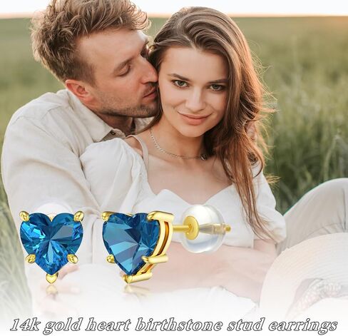 Valentine's Day Gifts 14k Real Gold Love Heart Gemstone Birthstone Stud Earrings for Women 1 carat Heart-cut Created Birthstone Earrings Jewelry Gifts for Anniversary Birthday for Her Wife in Kuwait