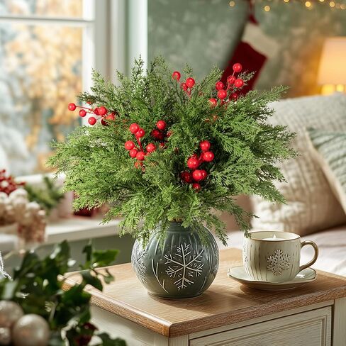 16.1'Artificial Christmas Norfolk Pine Branches Pinecone Garland Stems Tree Greenery Decor Faux Cedar Picks Home Decoration Real Touch Evergreen Realistic Plant Leaves for Winter Holiday Indoor (6PCS) in Saudi Arabia
