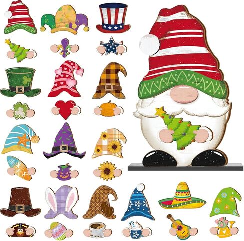 Blulu Fall Christmas Interchangeable Wooden Gnome Decor DIY Holiday Halloween Thanksgiving Seasonal Tiered Tray Decoration with Magnet Pieces Welcome Sign for Decorations(Classic) in Kuwait
