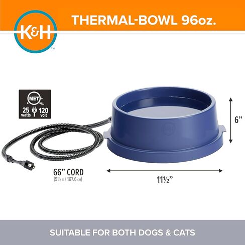 K&H Pet Products Thermal-Bowl Heated Water Bowl for Cats & Dogs Outside, Safety Listed Outdoor Heated Dog Bowl for Pets, Automatic No Freeze, Anti Chewy Cord - 96 Ounces Blue 25W in Kuwait