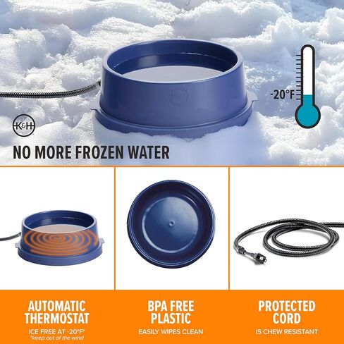 K&H Pet Products Thermal-Bowl Heated Water Bowl for Cats & Dogs Outside, Safety Listed Outdoor Heated Dog Bowl for Pets, Automatic No Freeze, Anti Chewy Cord - 96 Ounces Blue 25W in Kuwait