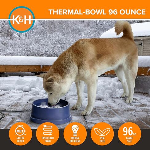 K&H Pet Products Thermal-Bowl Heated Water Bowl for Cats & Dogs Outside, Safety Listed Outdoor Heated Dog Bowl for Pets, Automatic No Freeze, Anti Chewy Cord - 96 Ounces Blue 25W in Kuwait