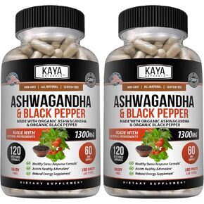 Kaya Naturals Organic Ashwagandha Root with Black Pepper | Maximum Strength 1300mg Adaptogen Supplement, Support Adrenal, Glandular Health, Mood Relief, Focus, Energy & Vitality for Men & Women - 30ct in Saudi Arabia