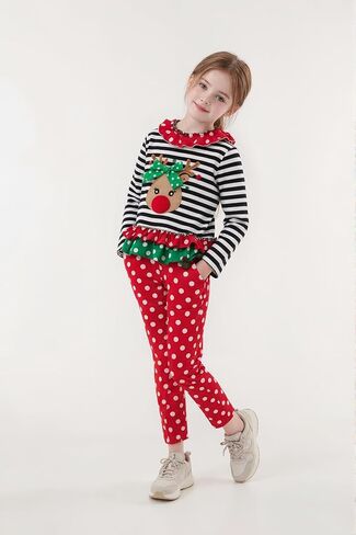 Noubeau Christmas Outfit Toddler Infant Baby Girls Ruffle Top Clothes Set Deer Print Shirt Dress Pants Set in Kuwait