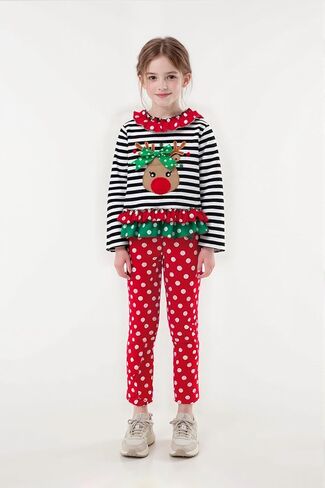Noubeau Christmas Outfit Toddler Infant Baby Girls Ruffle Top Clothes Set Deer Print Shirt Dress Pants Set in Kuwait