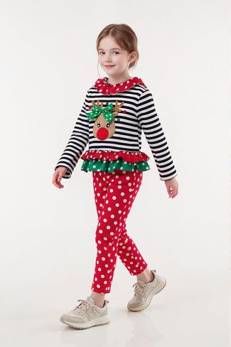 Noubeau Christmas Outfit Toddler Infant Baby Girls Ruffle Top Clothes Set Deer Print Shirt Dress Pants Set in Kuwait