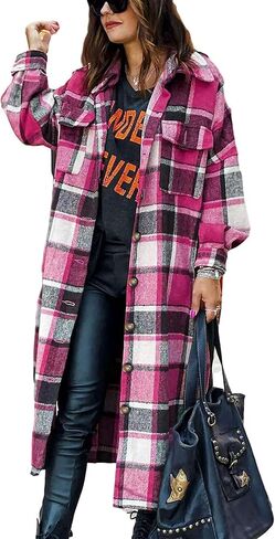 Omoone Women's Flannel Plaid Shacket Fall Oversized Long Button Down Shirt Jacket Shackets in Kuwait
