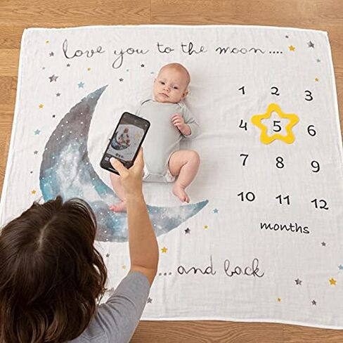 Organic Baby Monthly Milestone Blanket Boy or Girl - Months Blanket with Wood Frame and Newborn Announcement Disc - Growth Chart Milestone Blanket Neutral, 1-12 Month Milestones, 47"x47" in Kuwait