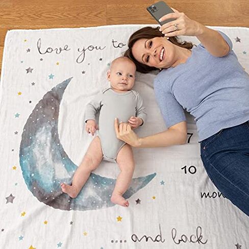 Organic Baby Monthly Milestone Blanket Boy or Girl - Months Blanket with Wood Frame and Newborn Announcement Disc - Growth Chart Milestone Blanket Neutral, 1-12 Month Milestones, 47"x47" in Kuwait