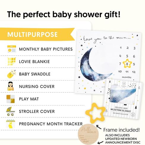 Organic Baby Monthly Milestone Blanket Boy or Girl - Months Blanket with Wood Frame and Newborn Announcement Disc - Growth Chart Milestone Blanket Neutral, 1-12 Month Milestones, 47"x47" in Kuwait