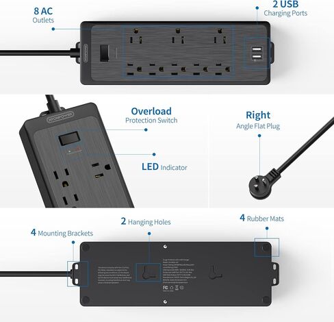 شريط طاقة بطول 15 قدم، 6 منافذ متباعدة واسعة للغاية، NTONPOWER، قابس مسطح، واقي من التيار الزائد على الحائط مع 3 USB، 1875 وات، 15 أمبير، 1700 جول، حماية من الحمل الزائد للمكتب المنزلي in Kuwait
