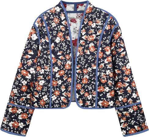 Flygo Women Cropped Puffer Jacket Cardigan Floral Printed Quilted Coats Lightweight Open Front Crop Padded Down Jackets in Saudi Arabia