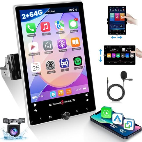 2+64G Android 13 Single Din 10.4 Inch Vertical Rotate Touch Screen Car Radio with Bluetooth, Wireless CarPlay & Android Auto, WiFi, GPS, Mirror Link, Voice Control, 50 UI, SWC + AHD Backup Camera in Saudi Arabia
