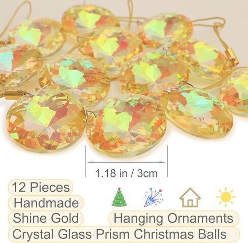 LUMITI 12 Pcs Crystal Glass Christmas Balls Ornaments, 1.18″ Mini Round Prism Flower Xmas Tree Decorations, Hanging Ornament for Wedding Party Home Decor (Multicolor) in Kuwait