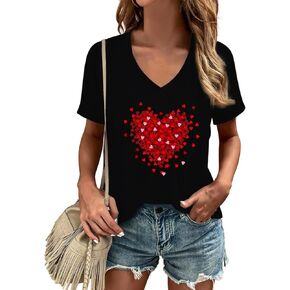 Valentine's Day Shirt for Women Love Heart V-Neck Teenager Tshirts Romantic Valentines Couple Short Sleeve Tee Tops in Kuwait