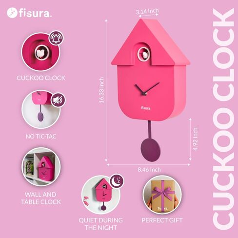 Fisura - ساعة الوقواق للحائط، ساعة حائط أصلية مع بندول للهدايا، ساعة الطيور - 3 بطاريات AA غير متضمنة. 9 × 12 × 4 بوصة. المواد: بلاستيك ABS (أسود) in Kuwait