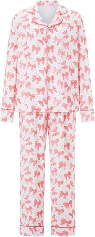 Owl's-Yard Women's 2 Piece PJS Set Y2k Bow Print Long Sleeve Lapel Button Up Shirt+long Pants Pajama Sets Sleepwear in Kuwait