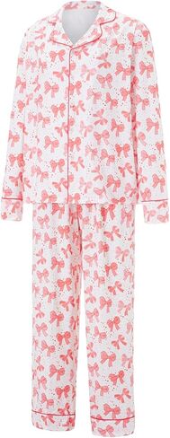 Owl's-Yard Women's 2 Piece PJS Set Y2k Bow Print Long Sleeve Lapel Button Up Shirt+long Pants Pajama Sets Sleepwear in Kuwait