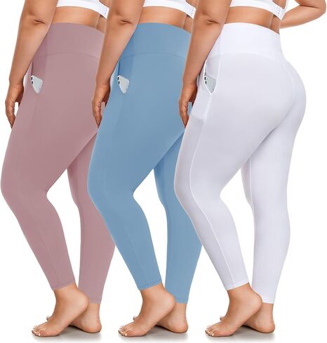FULLSOFT 3 Pack Plus Size Leggings with Pockets for Women-High Waisted Tummy Control 1X-4X Soft Yoga Pants for Workout in Kuwait