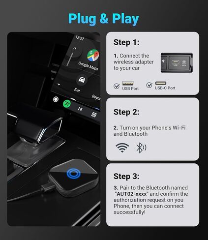 2 في 1 CarPlay ومحول Android Auto اللاسلكي، دونجل Android Auto اللاسلكي لسيارات CarPlay السلكية في المصنع، التوصيل والتشغيل، تحويل السلك إلى لاسلكي، توصيل تلقائي، أزرق in Kuwait