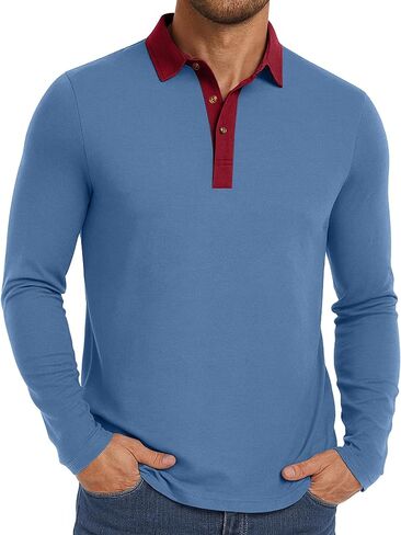PEGENO Mens Polo Short/Long Sleeve Shirt Classic Button Basic Solid Color Designed Collared Polo Shirt Fashion Casual Shirts in Kuwait