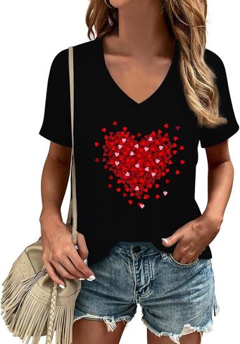 Valentine's Day Shirt for Women Love Heart V-Neck Teenager Tshirts Romantic Valentines Couple Short Sleeve Tee Tops in Saudi Arabia