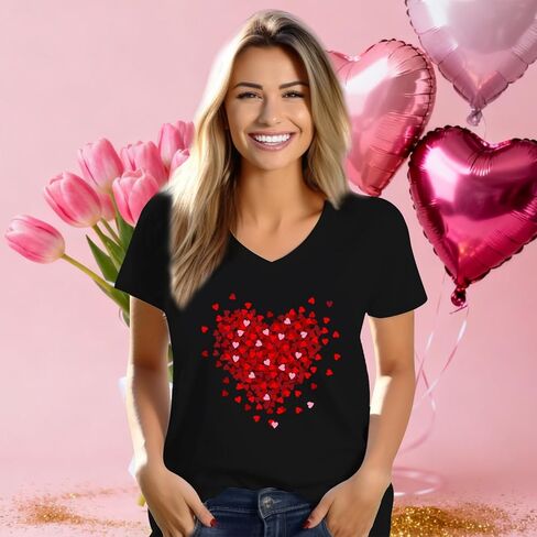 Valentine's Day Shirt for Women Love Heart V-Neck Teenager Tshirts Romantic Valentines Couple Short Sleeve Tee Tops in Saudi Arabia