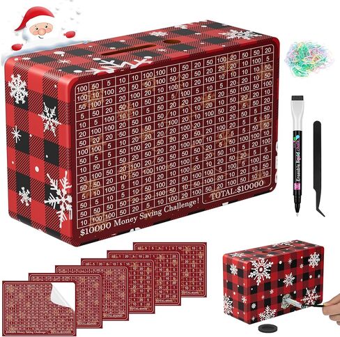 صندوق خشبي لتوفير المال، صندوق توفير نقدي بقيمة 10000 دولار أمريكي 5000 دولار أمريكي 3000 دولار تحدي توفير المال المستهدف، صندوق نقود قابل لإعادة الاستخدام مع عداد، بنك تخزين نقدي مع قلم مسح جاف/أجهزة تتبع التوفير/ شريط مطاطي - بني in Kuwait