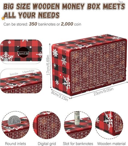 صندوق خشبي لتوفير المال، صندوق توفير نقدي بقيمة 10000 دولار أمريكي 5000 دولار أمريكي 3000 دولار تحدي توفير المال المستهدف، صندوق نقود قابل لإعادة الاستخدام مع عداد، بنك تخزين نقدي مع قلم مسح جاف/أجهزة تتبع التوفير/ شريط مطاطي - بني in Kuwait