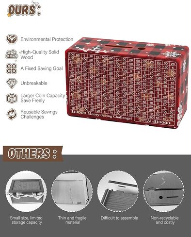 صندوق خشبي لتوفير المال، صندوق توفير نقدي بقيمة 10000 دولار أمريكي 5000 دولار أمريكي 3000 دولار تحدي توفير المال المستهدف، صندوق نقود قابل لإعادة الاستخدام مع عداد، بنك تخزين نقدي مع قلم مسح جاف/أجهزة تتبع التوفير/ شريط مطاطي - بني in Kuwait