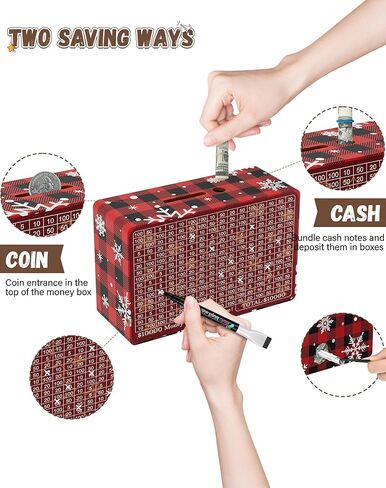 صندوق خشبي لتوفير المال، صندوق توفير نقدي بقيمة 10000 دولار أمريكي 5000 دولار أمريكي 3000 دولار تحدي توفير المال المستهدف، صندوق نقود قابل لإعادة الاستخدام مع عداد، بنك تخزين نقدي مع قلم مسح جاف/أجهزة تتبع التوفير/ شريط مطاطي - بني in Kuwait