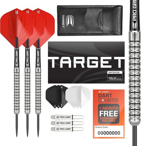 مجموعة سهام ذات أطراف فولاذية من النحاس من TARGET Darts Vitus - 6 أعمدة قبضة احترافية - 9 رحلات طيران Pro Ultra - محفظة رمي السهام - حزمة قسيمة تطبيق عداد السهام in Saudi Arabia
