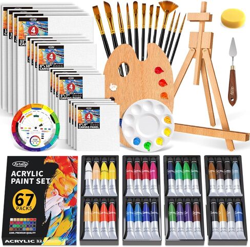 ARTALLY Acrylic Paint Set for Adults & Kids, 62 Pcs Canvas Painting Kits, 32 Colors Acrylic Paint (22ML),Table Easel,Brushes,Canvas, Art Painting Supplies Kit for Students,Artists,Beginners in Kuwait