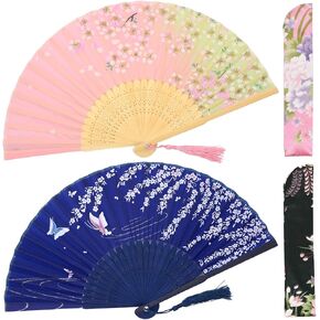 OMyTea Folding Hand Fans for Women - Chinese Japanese Vintage Bamboo Silk Fans - for Hot Flash, EDM, Music Festival, Party, Dance, Performance, Decoration, Wedding, Gift (White Rose & Blue Sakura) in Kuwait
