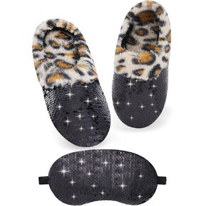Girls Plush Sequin Slippers With Sleep Mask, Cute Faux Fur Slip-on Shoes Memory Foam House Shoes for Girls Bedroom Slippers in Kuwait