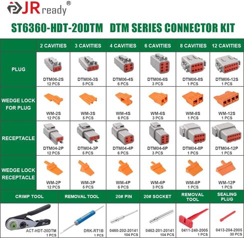 JRready ST6359 Deutsch Connector Kit, 2 3 4 6 8 12 Pin DT Connectors, Size 16 Solid Contacts 16-20AWG, Deutsch Crimp Tool, Deutsch Pin Removal Tool. Waterproof Automotive Electrical Connectors in Kuwait