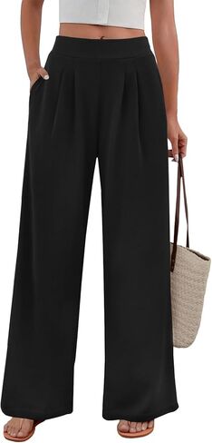 FireSwan Women's Wide Leg Palazzo Pants High Elastic Waist Casual Work Pants Flowy Dress Trousers with Pockets in Kuwait