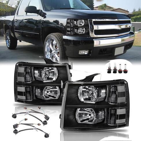 Headlights Assembly W/Bulbs compatible with 2007-2013 Chevy Silverado 1500,07-14 Silverado 2500HD 3500 Headlights Headlamp Pair, Black Housing Amber Side in Kuwait