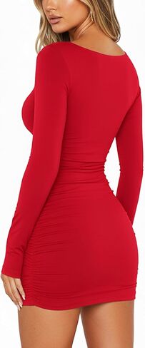 Women Square Neck Dress Black Long Sleeve Ruched Dresses Tight Mini Dress Bodycon Going Out Dress in Saudi Arabia