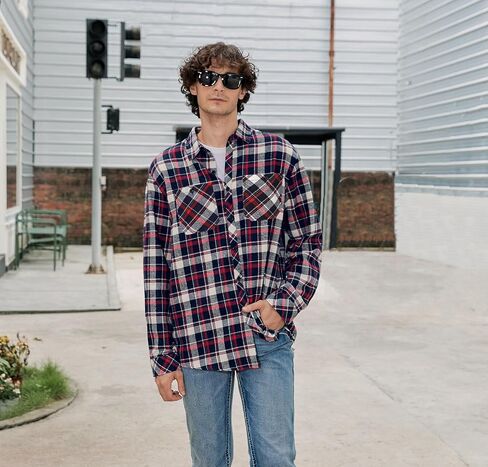 Cromoncent Mens Casual Flannel Shirts Long Sleeve Western Plaid Shirt with Double Chest Pockets,Blue Plaid,Large in Kuwait